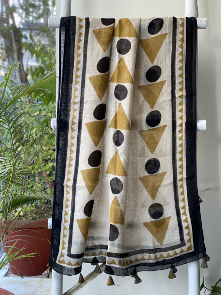 BEIGE-MUSTARD BLOCK PRINT LINEN DUPATTA SUIT SET