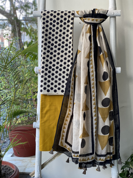 BEIGE-MUSTARD BLOCK PRINT LINEN DUPATTA SUIT SET