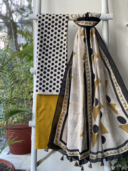 BEIGE-MUSTARD BLOCK PRINT LINEN DUPATTA SUIT SET