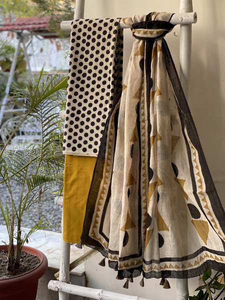 BEIGE-MUSTARD BLOCK PRINT LINEN DUPATTA SUIT SET