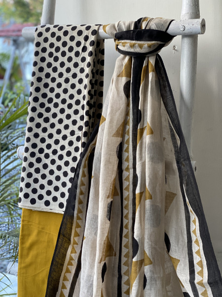 BEIGE-MUSTARD BLOCK PRINT LINEN DUPATTA SUIT SET