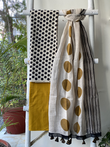 BEIGE-MUSTARD BLOCK PRINT LINEN DUPATTA SUIT SET