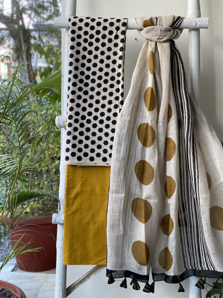 BEIGE-MUSTARD BLOCK PRINT LINEN DUPATTA SUIT SET