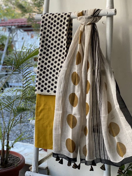 BEIGE-MUSTARD BLOCK PRINT LINEN DUPATTA SUIT SET