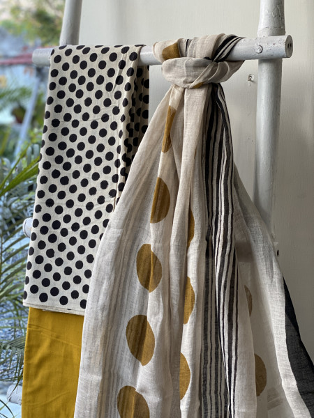 BEIGE-MUSTARD BLOCK PRINT LINEN DUPATTA SUIT SET