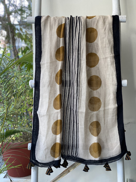 BEIGE-MUSTARD BLOCK PRINT LINEN DUPATTA SUIT SET