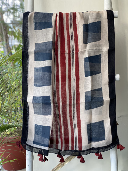 MAROON-BEIGE BLOCK PRINT LINEN DUPATTA SUIT SET