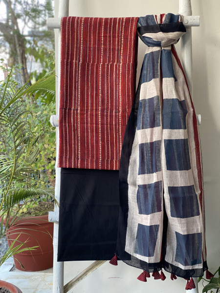 MAROON-BEIGE BLOCK PRINT LINEN DUPATTA SUIT SET