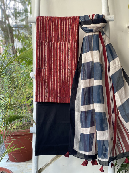 MAROON-BEIGE BLOCK PRINT LINEN DUPATTA SUIT SET