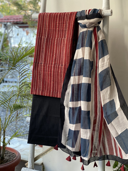 MAROON-BEIGE BLOCK PRINT LINEN DUPATTA SUIT SET