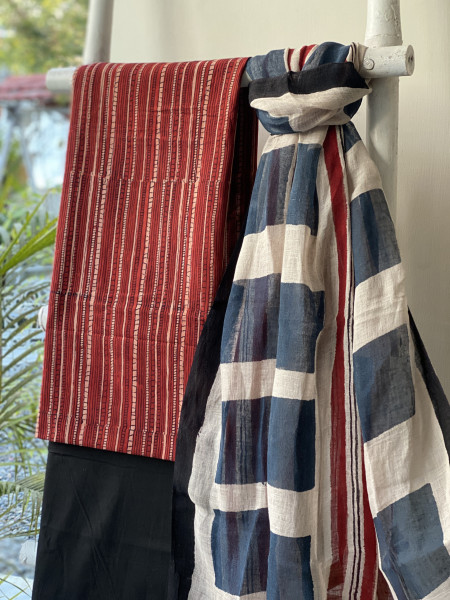 MAROON-BEIGE BLOCK PRINT LINEN DUPATTA SUIT SET