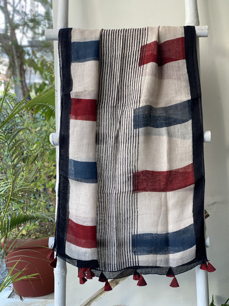 MAROON-BEIGE BLOCK PRINT LINEN DUPATTA SUIT SET