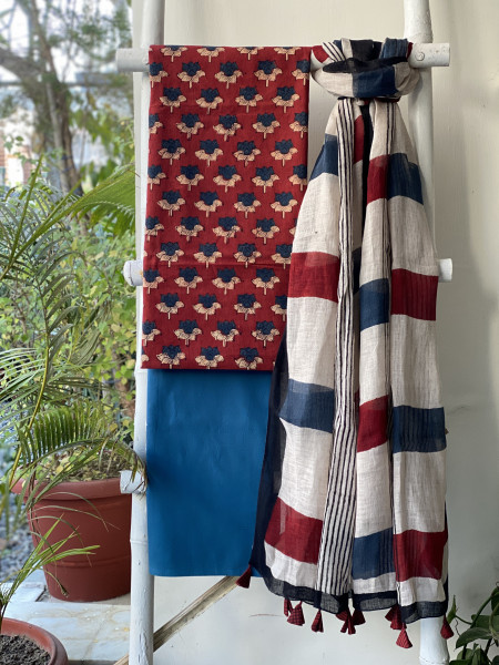 MAROON-BEIGE BLOCK PRINT LINEN DUPATTA SUIT SET