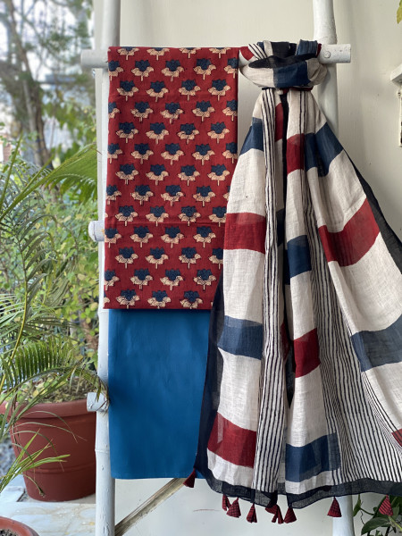 MAROON-BEIGE BLOCK PRINT LINEN DUPATTA SUIT SET