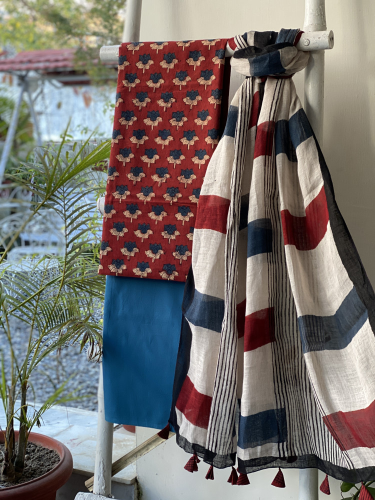 Image of MAROON-BEIGE BLOCK PRINT LINEN DUPATTA SUIT SET