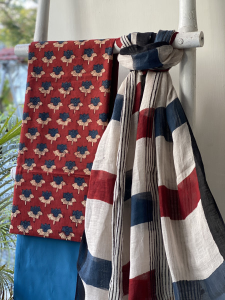 MAROON-BEIGE BLOCK PRINT LINEN DUPATTA SUIT SET