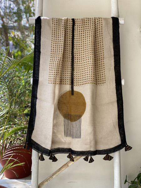 BOTTLE GREEN-BEIGE BLOCK PRINT LINEN DUPATTA SUIT SET