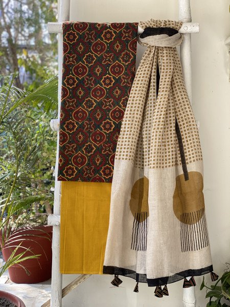BOTTLE GREEN-BEIGE BLOCK PRINT LINEN DUPATTA SUIT SET