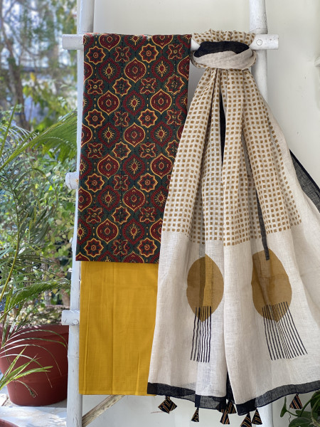 BOTTLE GREEN-BEIGE BLOCK PRINT LINEN DUPATTA SUIT SET