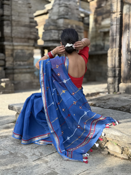 BLUE KOTA COTTON HAND EMBROIDERED SARI