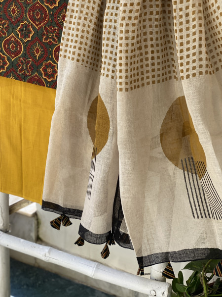 BOTTLE GREEN-BEIGE BLOCK PRINT LINEN DUPATTA SUIT SET