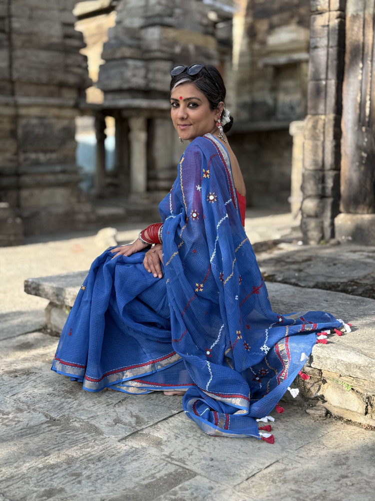 Image of BLUE KOTA COTTON HAND EMBROIDERED SARI