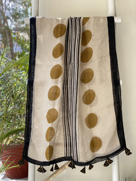 BOTTLE GREEN-BEIGE BLOCK PRINT LINEN DUPATTA SUIT SET