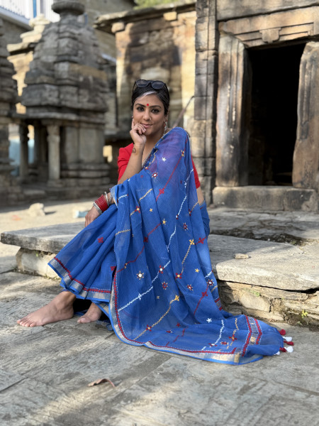 BLUE KOTA COTTON HAND EMBROIDERED SARI