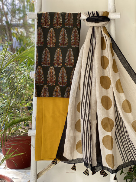 BOTTLE GREEN-BEIGE BLOCK PRINT LINEN DUPATTA SUIT SET