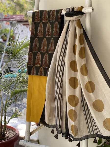 BOTTLE GREEN-BEIGE BLOCK PRINT LINEN DUPATTA SUIT SET