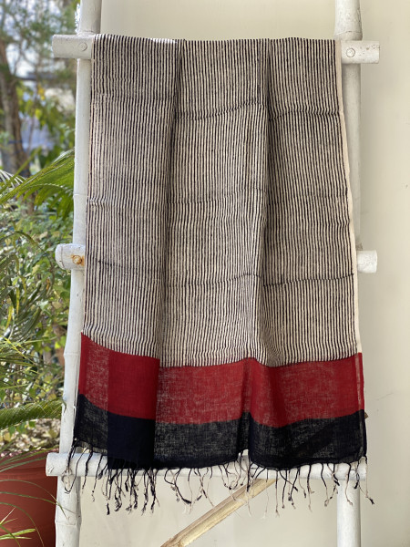 MULTI COLOUR-BEIGE BLOCK PRINT LINEN DUPATTA SUIT SET