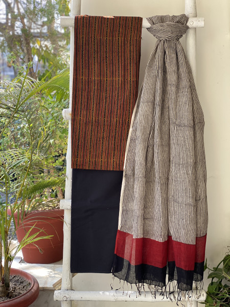 MULTI COLOUR-BEIGE BLOCK PRINT LINEN DUPATTA SUIT SET