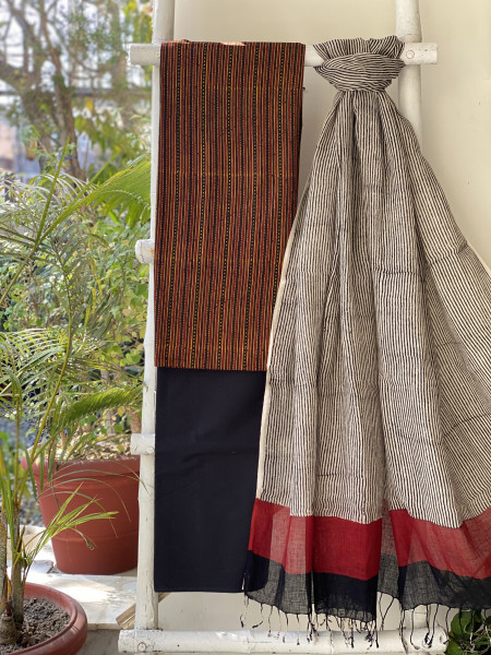 MULTI COLOUR-BEIGE BLOCK PRINT LINEN DUPATTA SUIT SET