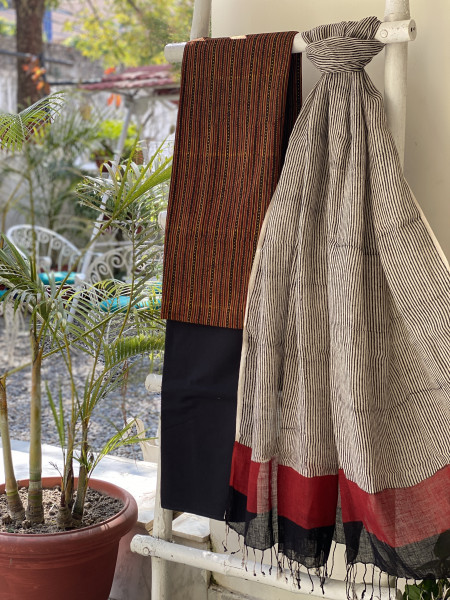 MULTI COLOUR-BEIGE BLOCK PRINT LINEN DUPATTA SUIT SET