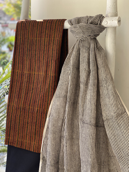 MULTI COLOUR-BEIGE BLOCK PRINT LINEN DUPATTA SUIT SET