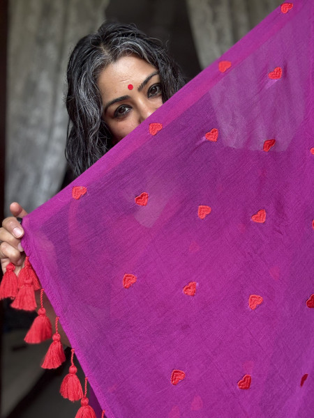 WINE COTTON MULMUL EMBROIDERED SARI