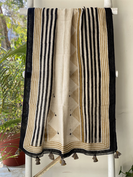 MUSTARD-BEIGE BLOCK PRINT LINEN DUPATTA SUIT SET