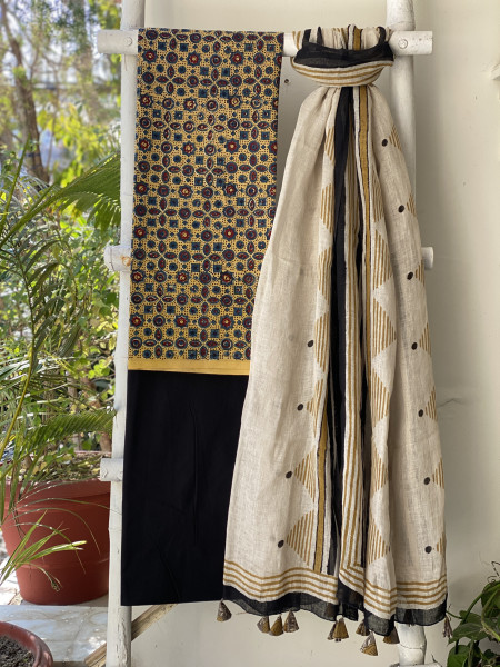 MUSTARD-BEIGE BLOCK PRINT LINEN DUPATTA SUIT SET
