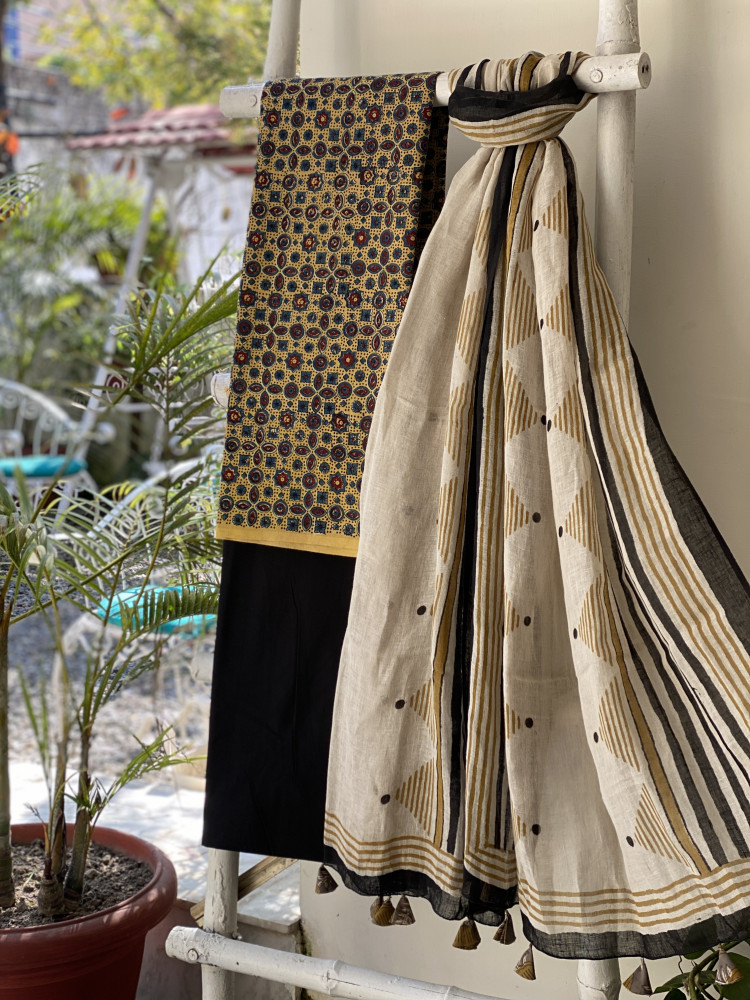 Image of MUSTARD-BEIGE BLOCK PRINT LINEN DUPATTA SUIT SET