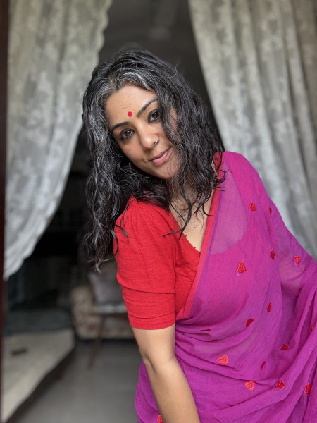 WINE COTTON MULMUL EMBROIDERED SARI