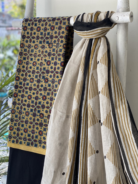 MUSTARD-BEIGE BLOCK PRINT LINEN DUPATTA SUIT SET