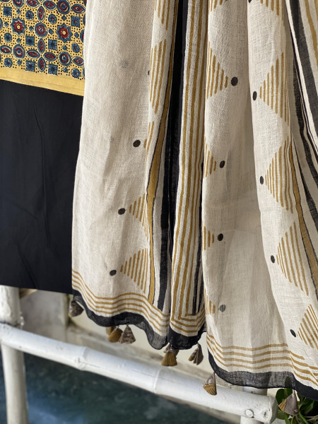 MUSTARD-BEIGE BLOCK PRINT LINEN DUPATTA SUIT SET