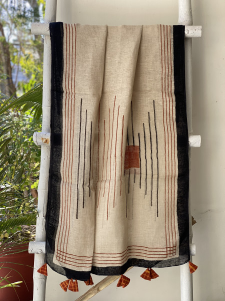 MULTI COLOUR-BEIGE BLOCK PRINT LINEN DUPATTA SUIT SET