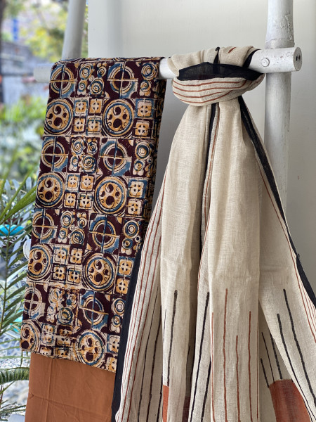MULTI COLOUR-BEIGE BLOCK PRINT LINEN DUPATTA SUIT SET