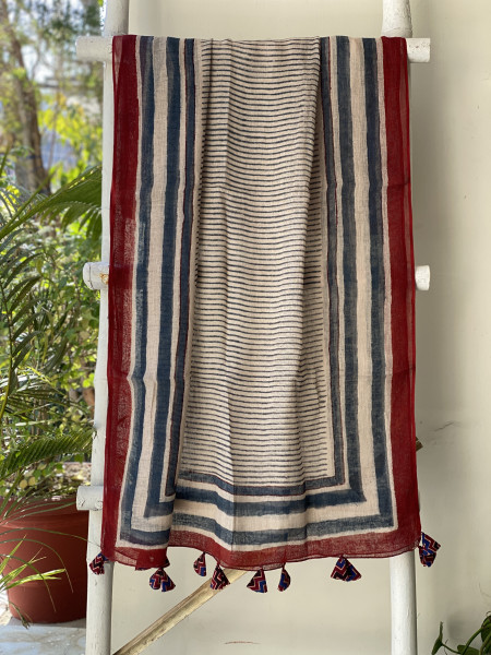 INDIGO-BEIGE BLOCK PRINT LINEN DUPATTA SUIT SET