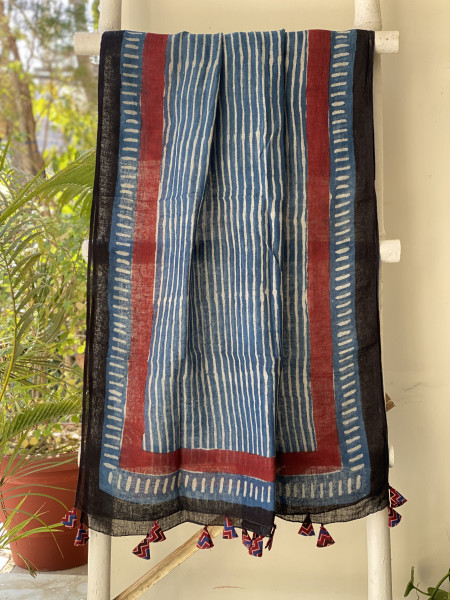 BLACK-INDIGO BLOCK PRINT LINEN DUPATTA SUIT SET