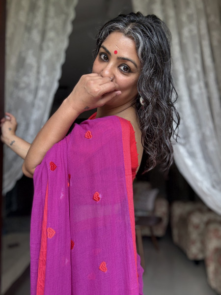 WINE COTTON MULMUL EMBROIDERED SARI