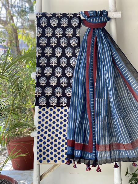 BLACK-INDIGO BLOCK PRINT LINEN DUPATTA SUIT SET