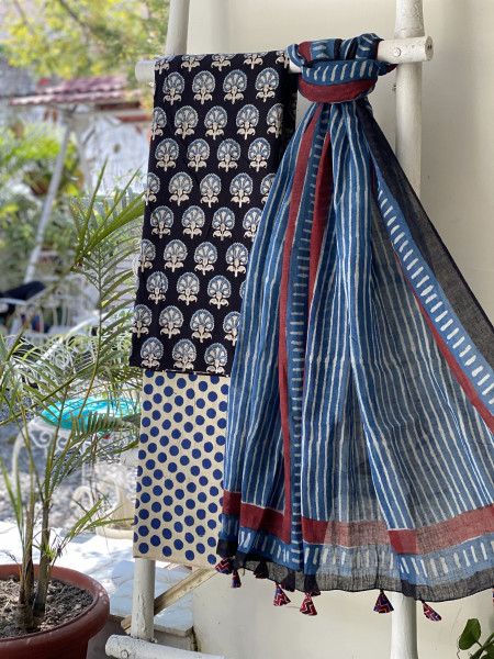 BLACK-INDIGO BLOCK PRINT LINEN DUPATTA SUIT SET
