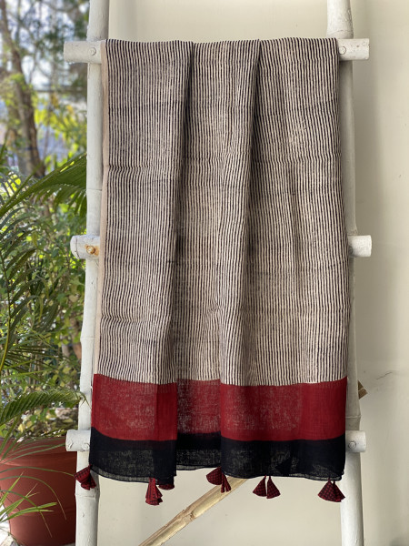BLACK-BEIGE BLOCK PRINT LINEN DUPATTA SUIT SET